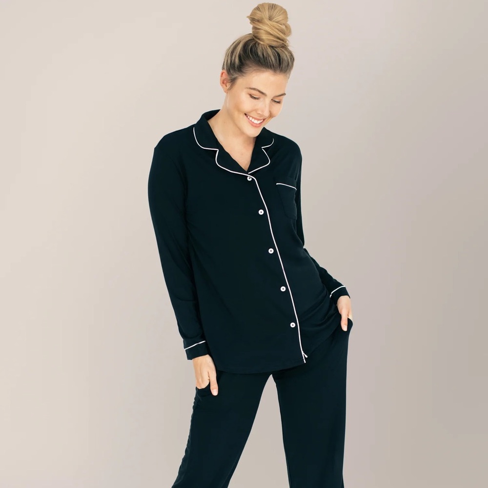 Kindred Bravely Clea Bamboo Long Sleeve Pajama Set Black with White Trim NWT